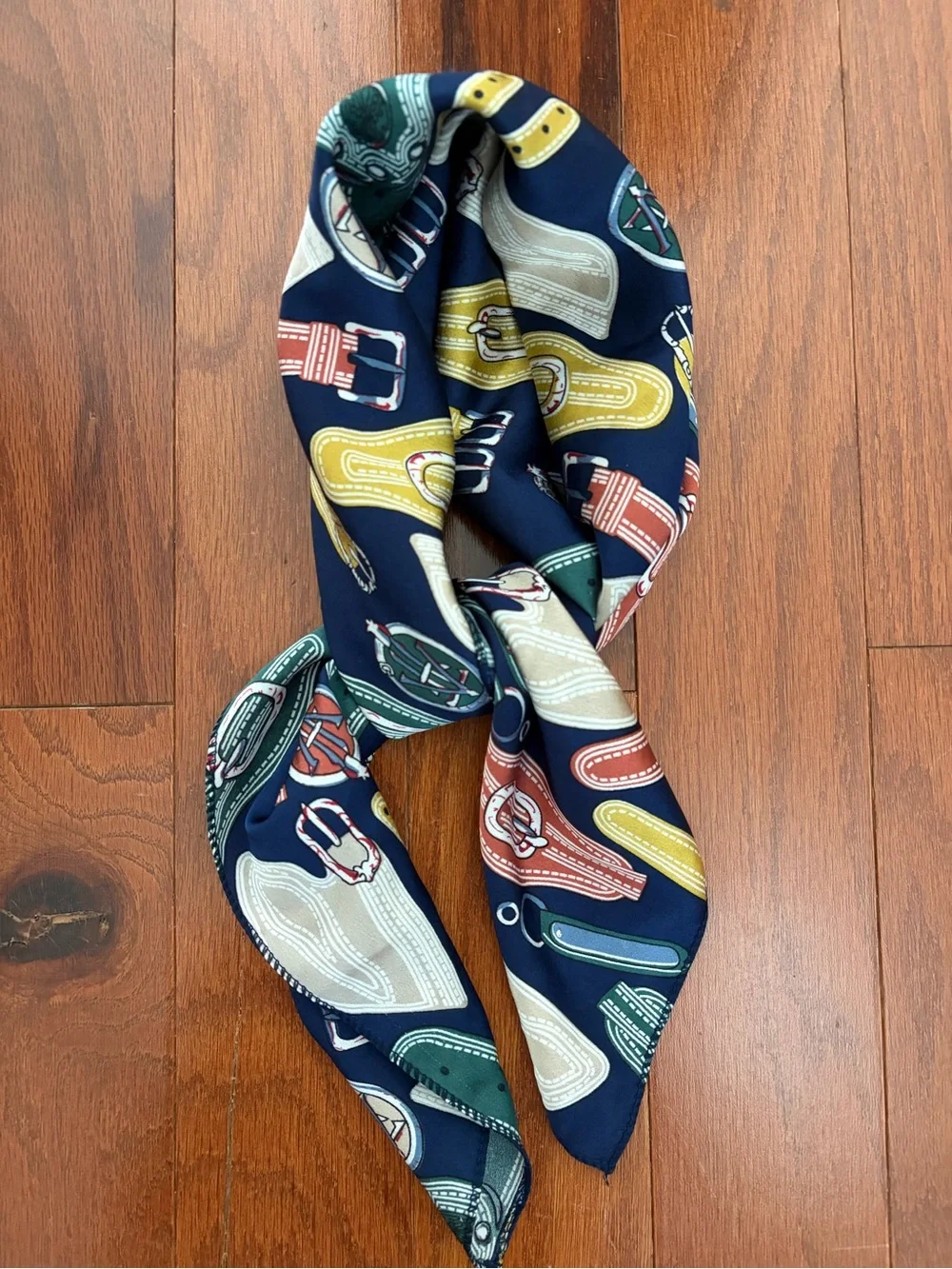 Navy Silk Scarf with Colorful Belt & Watch Motif